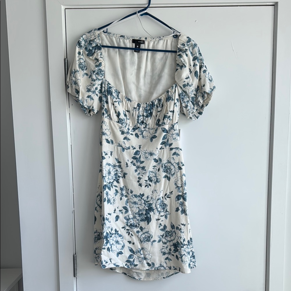 Aqua Blue and White Puff Sleeve Sundress